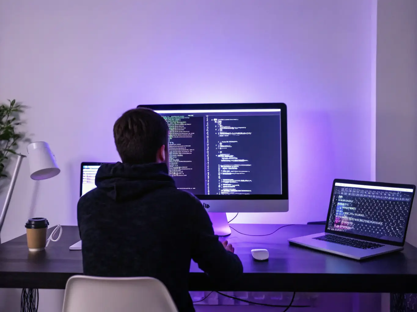 A developer working on embedded firmware with performance metrics displayed, representing the Firmware Optimization Consulting service provided by CoMoPro LLC.