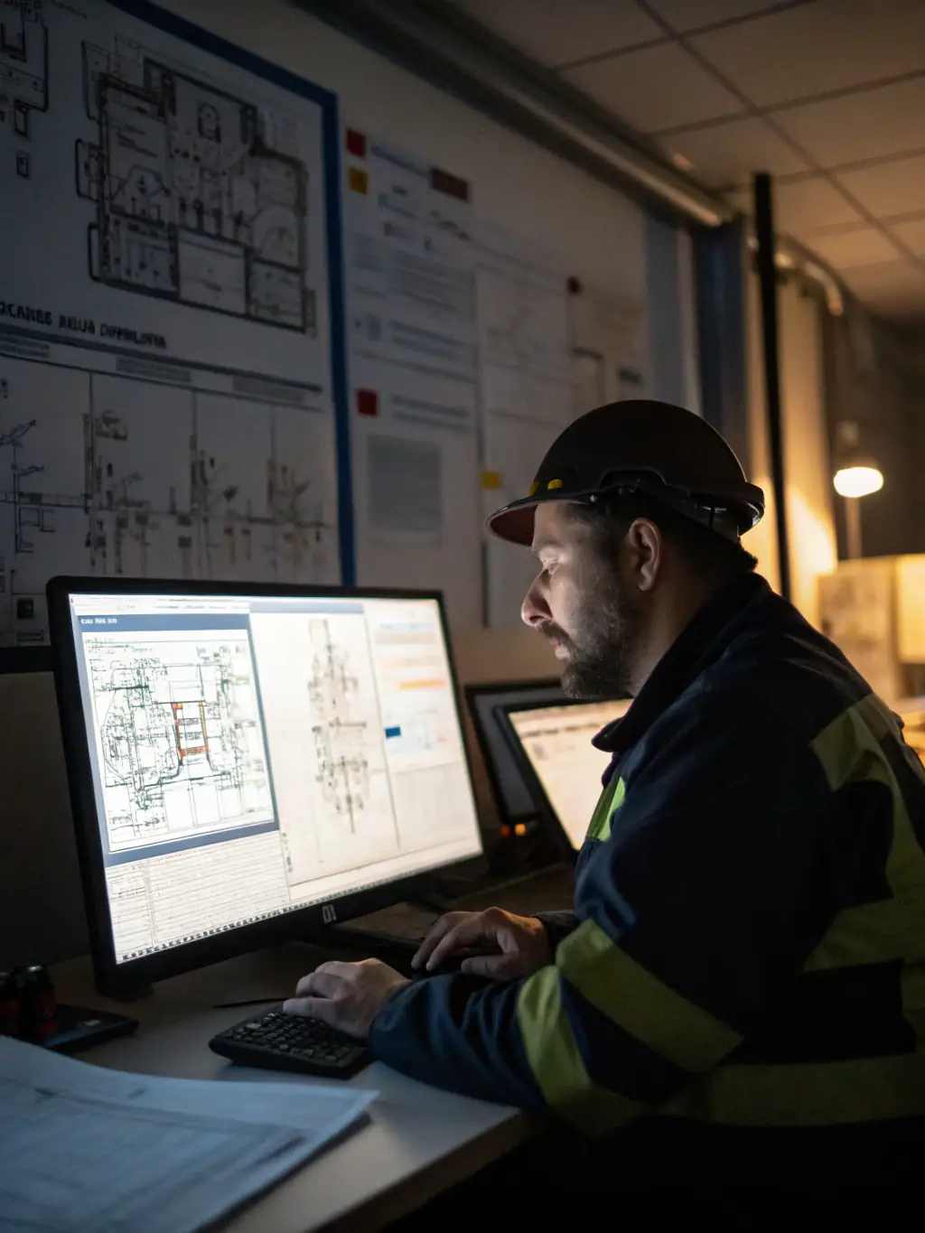 An engineer reviewing system architecture diagrams with risk indicators highlighted, symbolizing the Architectural Risk Assessment service.
