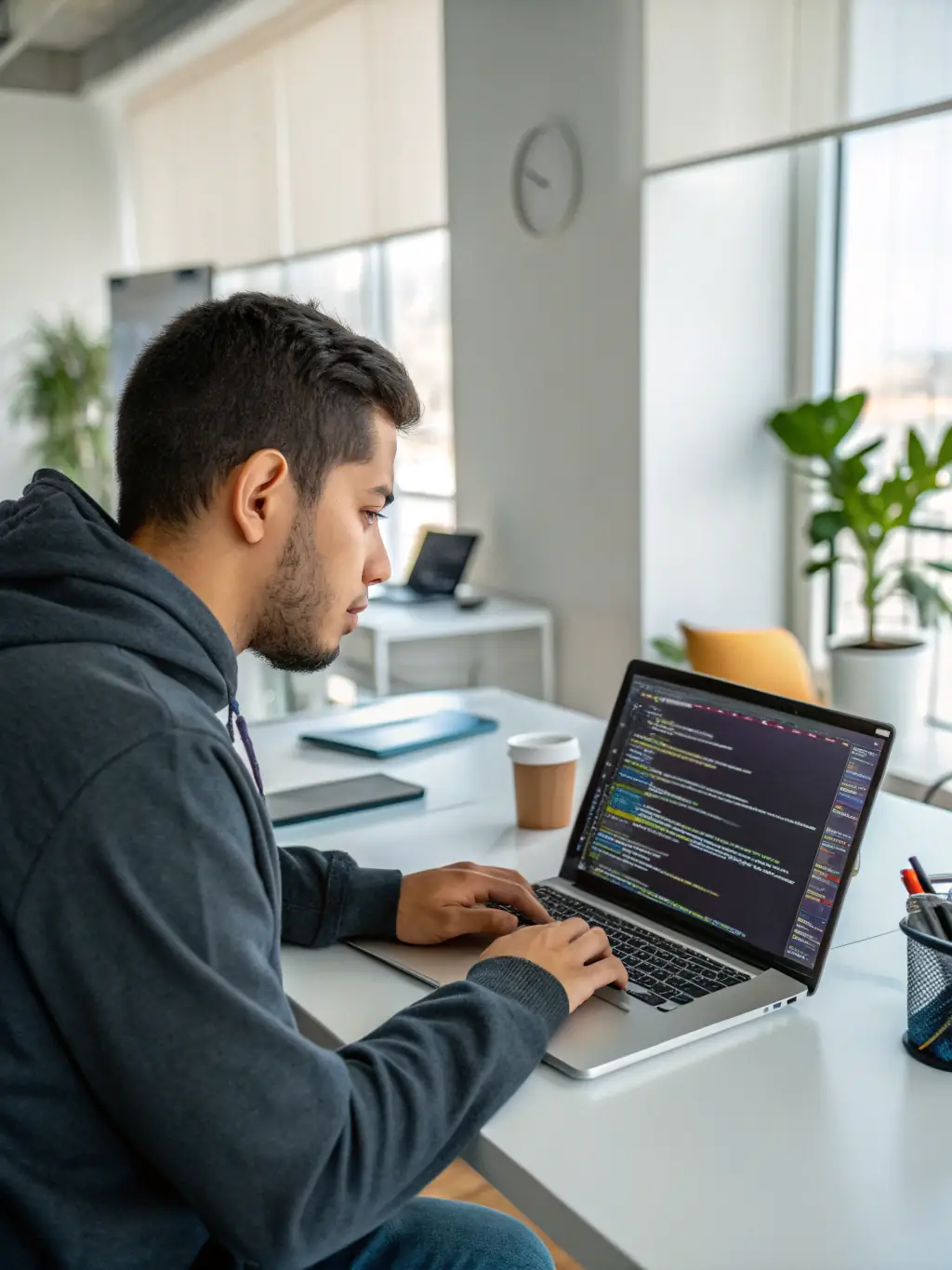A developer working on embedded firmware with performance metrics displayed, representing Firmware Optimization Consulting.